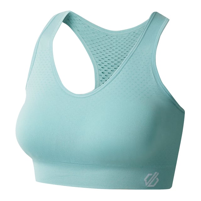 Material: Elastane, Nylon, Polyamide, Polyester. Fabric: Mesh, Q-Wic, Stretch. Design: Logo, Plain. Fabric Technology: Antibacterial, Moisture Wicking, Quick Dry, SeamSmart Technology. Medium Support, Removable Padded Cups, Seamless, Shaped Cups. Back Style: Racerback. Neckline: Scoop. XS: 27 in. S: 29 in. M: 31 in. L: 32 in. XL: 34 in.