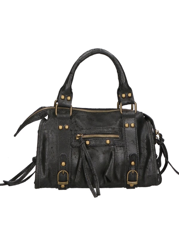 Bolso de hombro para mujeres. El cierre es con zip. Los bolsillos internos son uno con zip y dos abiertos. Los bolsillos externos son un frente con cremallera. La correa del hombro es ajustable y extraíble en cuero. El mango está en cuero. Los compartimentos internos son uno. El material externo es de gamuza real. Está alineado internamente en 70% de tela de algodón - 30% de seda. Medidas: 25x15x10 cm. Hecho en Italia