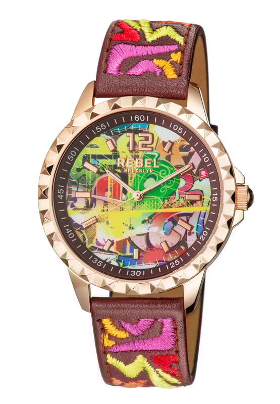 Rebel Women's RB122-8181 DumboRebel Dumbo Graffiti w/ burgundy Dial Women's Watch RB122-8181
Rebel Women's Watch from the Dumbo Collection
Round 316L Stainless Steel Rose Case
Graffiti w/ burgundy Dial, Mineral Crystal w/ Sapphire Coating
Burgundy Embroidered Leather Band with Tang Buckle
Water Resistance: 5 ATM (50 meters, 165 feet)
9mm Case Thickness, 42mm Case Diameter, 20mm Band Width
Quartz Movement