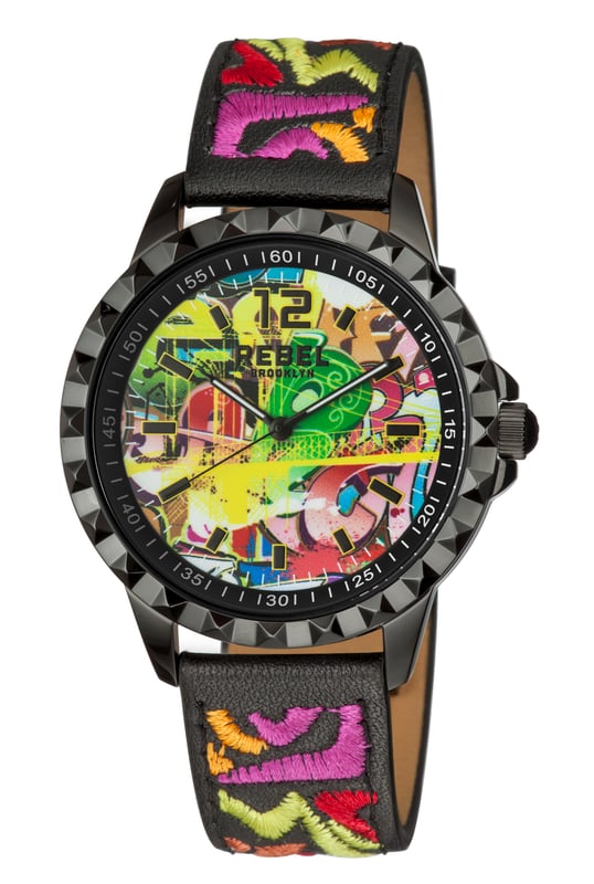 Rebel Women's RB122-6071 DumboRebel Dumbo Graffiti w/ black Dial Women's Watch RB122-6071
Rebel Women's Watch from the Dumbo Collection
Round 316L Stainless Steel Black Case
Graffiti w/ black Dial, Mineral Crystal w/ Sapphire Coating
Black Embroidered Leather Band with Tang Buckle
Water Resistance: 5 ATM (50 meters, 165 feet)
9mm Case Thickness, 42mm Case Diameter, 20mm Band Width
Quartz Movement