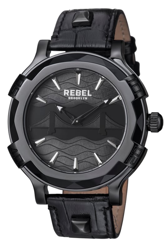 “   Life is short, Break the rules!”           This line, which is quoted on the caseback of the watch, is the essence of the Brooklyn Bridge collection. Go for a walk on the Brooklyn Bridge for a great view or you can wear the great view on your wrist and break trends every day.
Rebel Brooklyn Bridge Black Dial Men's Watch RB102-6071
Rebel Men's Watch from the Brooklyn Bridge Collection
Round 316L Stainless Steel Black Case
Black Dial, Mineral Crystal w/ Sapphire Coating
Black Leather Band with Tang Buckle
Water Resistance: 5 ATM (50 meters, 165 feet)
12mm Case Thickness, 48mm Case Diameter, 22mm Band Width
Quartz Movement