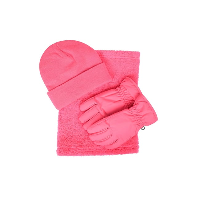 100% Polyester. Fabric: Fleece, Knitted, Soft Touch. Cuff: Adjustable Wrist Strap. Contents: 1 Beanie, 1 Neck Gaiter, Gloves. Reversible. Water Resistant.