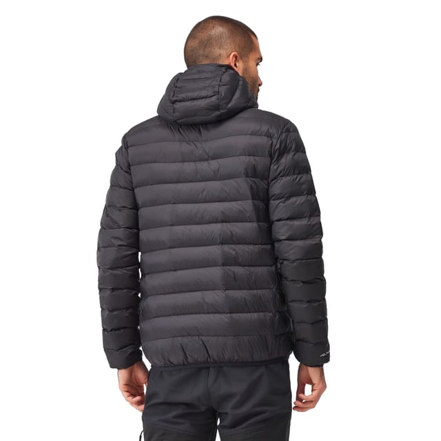 Material: 100% Polyamide. Fabric: Baffled, Synthetic Down Touch. Design: Logo. Fabric Technology: DWR Finish, Insulating, Lightweight. Neckline: Hooded. Sleeve-Type: Long-Sleeved. Padded. Cuff: Stretch Binding. Hood Features: Grown On Hood, Stretch Binding. Pockets: 2 Lower Pockets, Zip. Fastening: Full Zip. Hem: Stretch Binding. Denier: 20D. Sustainability: Feather-Free, Made from Recycled Materials.