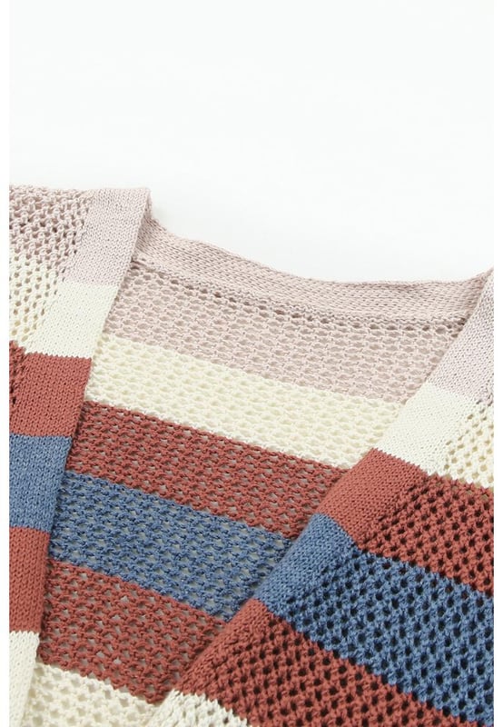 Striped color block design
  Hollowed knit pattern
  Made for women
  Relaxed fit
  Versatile and stylish
  Comfortable fabric
  Perfect for layering
  Elevates any outfit
Material: 55% Acrylic 45% Cotton