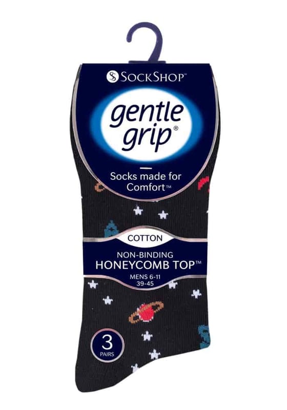 With a specially designed HoneyComb Top, Sockshop soft Gentle Grip® Socks are made more comfortable for all wearers, but particularly if you struggle with circulatory problems or swollen legs, ankles and feet. This collection of designs look as good as they feel too, made from soft, comfortable cotton rich yarn. keep your feet odour free with flat seamed toes for extra wearability All SockShop Gentle Grip® Socks are constructed to care for your legs, comfortably moulding to their natural contours without leaving any of those ugly, irritating and itchy constriction rings. These really are the socks going forward for anyone who dislikes those tight tops. Gentle grip tops that do not fall down with wear and are ideal for diabetics too!