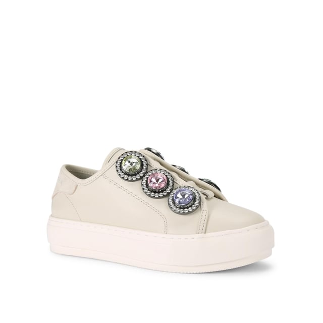 This Kurt Geiger Laney Octavia sneaker features a bone leather upper with six large pastel crystals along the eye stay. The tongue and heel features silver foil branding. Sole height: 4cm.