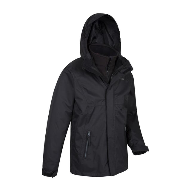 Material: Nylon, Polyester. Lining Material: 100% Polyester. Lining: Mesh. Fabric: Ripstop. Design: Logo, Plain. 3 in 1, High Warmth, Inner Softshell Jacket, Lightweight, Taped Seams. Fabric Technology: Breathable, Waterproof. Neckline: Hooded, Standing Collar. Sleeve-Type: Long-Sleeved. Pockets: 2 Lower Pockets, Zip. Fastening: Full Zip. Waterproof Rating: 2000mm.