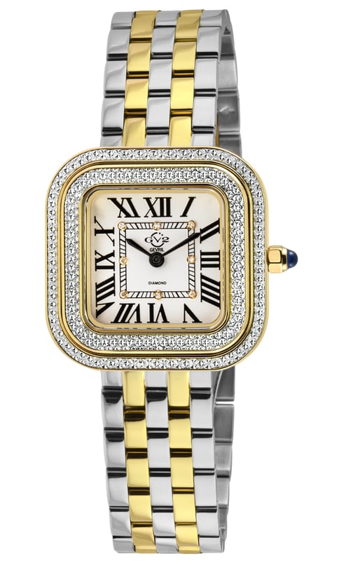 GV2 Bellagio Diamond
Attempting to capture the brilliance of GV2's Bellagio collection is a task fit for the daring, yet we willingly embrace the role of the fool to describe this sensational Women's timepiece. The Bellagio Swiss Movement Diamond Watch transcends the realms of luxury; it stands as an exquisite and extraordinary masterpiece that effortlessly commands attention. While the name Bellagio may evoke images of majestic fountains, this timepiece goes beyond expectations, drawing inspiration from the "Pearl of Lake Como"—a charming Italian town known for its glamour and romance. The 30mm square case, adorned with a double diamond-cut ring bezel, creates layers of diamond indulgence that captivate the senses. The silver and white dial, embellished with 8 diamonds in a square formation, adds a third dimension of opulence, a sight to be admired and revered. Exuding grandeur, the Roman numeral hour markers embellish this feast for the eyes, complemented by GV2's impeccable Swiss Quartz movement. Whether embraced by authentic Italian leather strap with a tang buckle or a metaled bracelet with a deployment buckle, both options generously set the stage for Bellagio's push-pull crown adorned with a blue cabochon stone. In the realm of luxury, good things are often found in small packages, and Bellagio epitomizes this concept with the look of layers upon layers of diamonds. Is it over the top? Perhaps, but in the most delightful way. The Bellagio has us all raising our glasses to 'la dolce vita.'
GV2 12133B Women's Bellagio Swiss Movement Diamond Watch

GV2 Women's Diamond Swiss Movement Watch from the Bellagio Collection
30mm Square IPYG Case, Double Diamond Cut bezel
Silver/White dial 8 Diamonds
Push Pull crown with Blue Cabochon Stone
Two-Toned SS/IPYG Bracelet with Deployment Buckle
Anti-reflective Sapphire Crystal
Water Resistant to 50 Meters/5ATM
Swiss Quartz Movement Ronda 762
SKU: 12133B