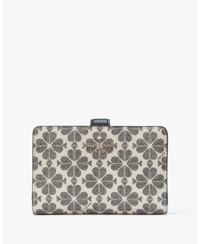 Spade Flower Spade Flower Pvc Medium Compact Bifold Wallet, Metal Pinmount With Spade Logo, 9 Credit Card Slots, Id Window, 2 Slip Pockets, 1 Bill Slot, L-Zip Coin Compartment,  Length: 13.90 Cm,  Width: 9.00 Cm,  Height: 14.00 Cm