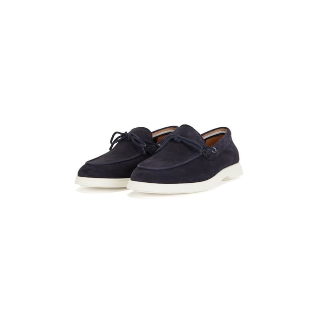 A slip on shoe with suede uppers featuring decorative tassels across the vamp in dark blue suede and all over dark blue stitch details. Two silver branded eyelets situated on the outstep and instep with the signature BOSS logo embossed on the outstep of the heel. A textured rubber midsole in off white with a branded and textured rubber undersole in off white.