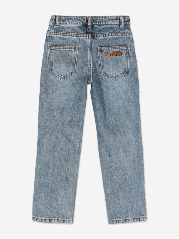 Italian fashion House Moschino depict energy and precision into their fun-filled abstracts. These sky blue vintage jeans are engineered in beautiful high quality. They showcase a five-pocket design with an embroidered logo on the back. Zip and Button Waist With Belt Loops Straight Leg  100% Cotton