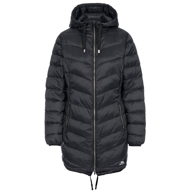 Ultraleichte Jacke. Angewachsene Kapuze. 2 Reißverschlusstaschen. Downtouch-Wattierung. Elastische Manschetten. Innere Sturmklappe. Außenmaterial: 100% Polyamid, Futter: 100% Polyamid, Füllung: 100% Polyester. Trespass Womens Chest Sizing (ca.): XS/8 - 32in/81cm, S/10 - 34in/86cm, M/12 - 36in/91.4cm, L/14 - 38in/96.5cm, XL/16 - 40in/101.5cm, XXL/18 - 42in/106.5cm.