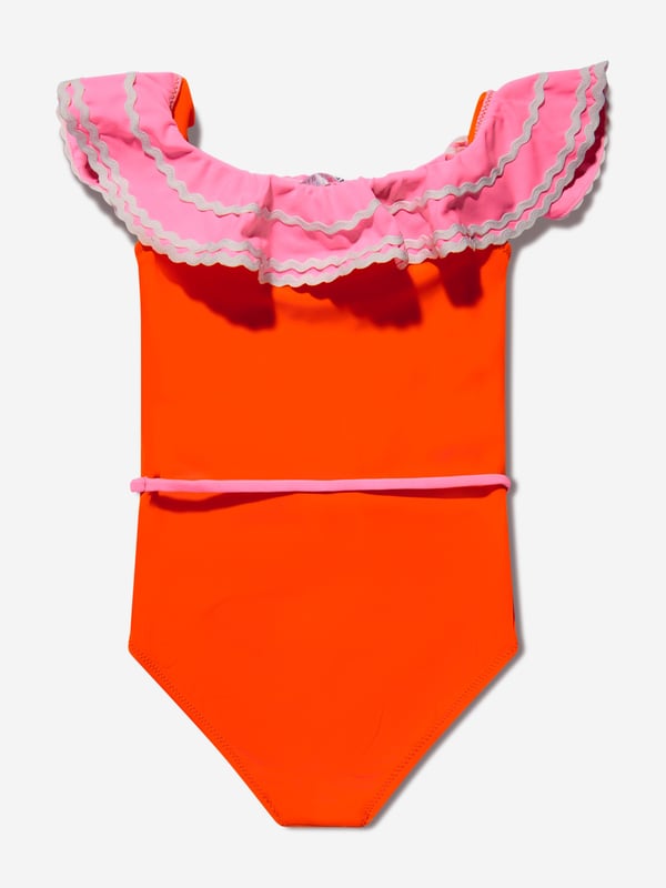 Nessi Byrd incorporate captivating materials into their everyday luxury swimwear. This girls Pina orange and pink swimsuit is reflective of the New York label's meticulous attention and preference for vibrant aesthetics. The top is depicted with a ruffled top and a bordered belt with a crochet flower accessory. Elasticated 80% Polyamide 20% Elastane