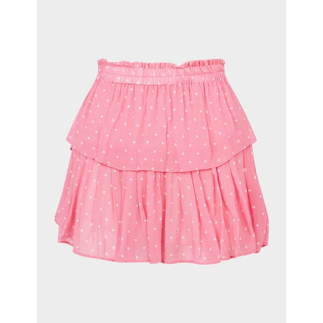 LoveShackFancy encapsulates feminine  romantic and vintage inspired designs with their use of fine lace detailing  elegant prints and soft hues. Founded in 2013  the brand has gained global appeal for its flattering silhouettes  hand dyed fabrics and designs  inspired by founder Rebecca Hassel Cohen's immersive travels. These elements are shown perfectly in this Ruffle Mini Skirt which comes in a pink colourway and tiered design  the perfect addition to your Summer wardrobe. Details: pink colourway  cotton construction  elasticated waistband  tiered design  drop hem  mini length  regular fit and finished with a polka dot design. Cold wash only.