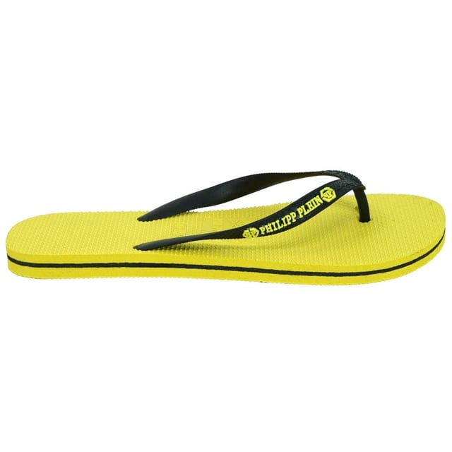 Philipp Plein Brand Logo Yellow Flip Flops. Philipp Plein Flips Flops. Philipp Plein Branding. 100% EVA Sole, 100% PL Upper. Philipp Plein 2022 Beachwear Range. Style Code: IMPS904 24B