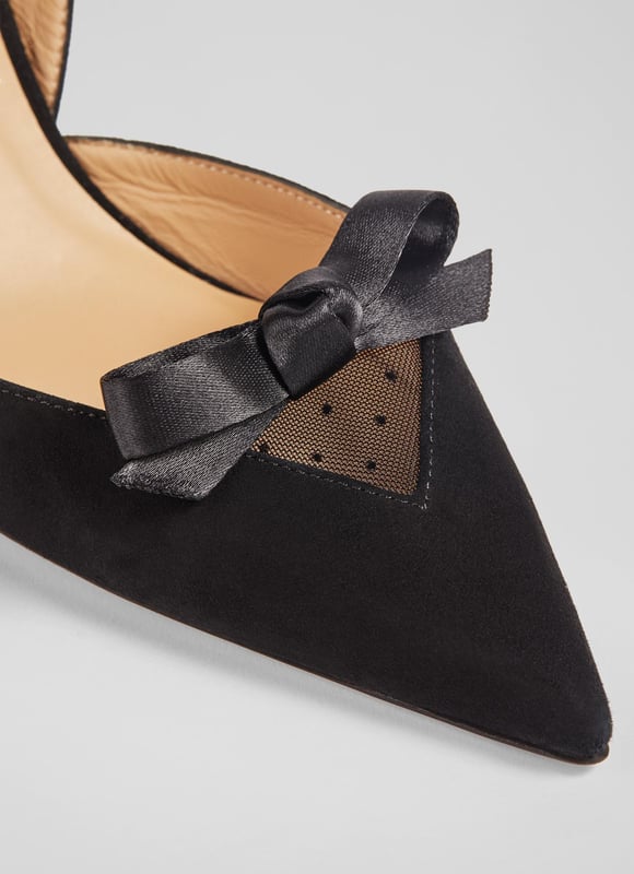 Slingbacks with a dressy, Parisian feel, our Beth heels are perfect for party season. Crafted in Spain from velvety-soft black suede, they have a pointed toe, a sweetheart panel of chic spot mesh and a ribbon bow, elasticated slingback straps and a 70mm stiletto heel. Wear them with the season's party dresses and sharp, sleek tailoring.