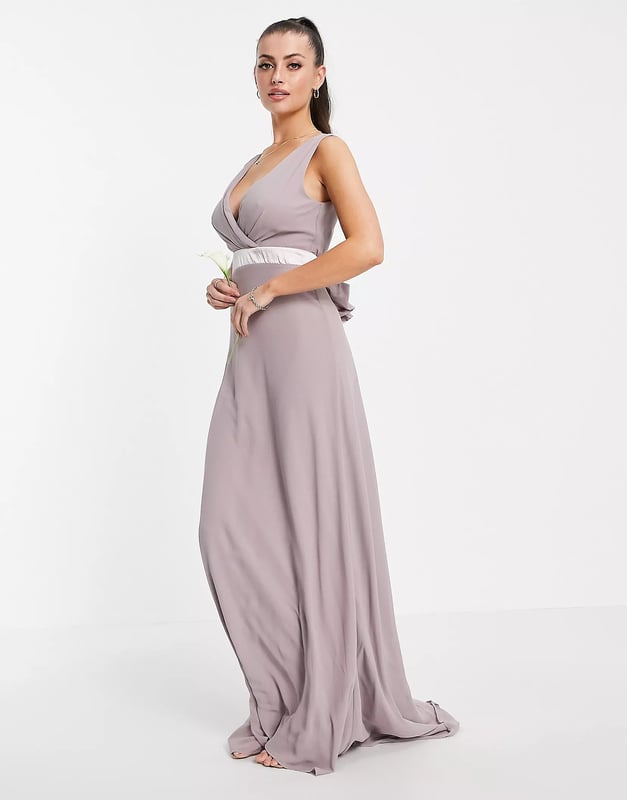 Tfnc Bridesmaid Plunge Front Bow Back Maxi Dress In Grey