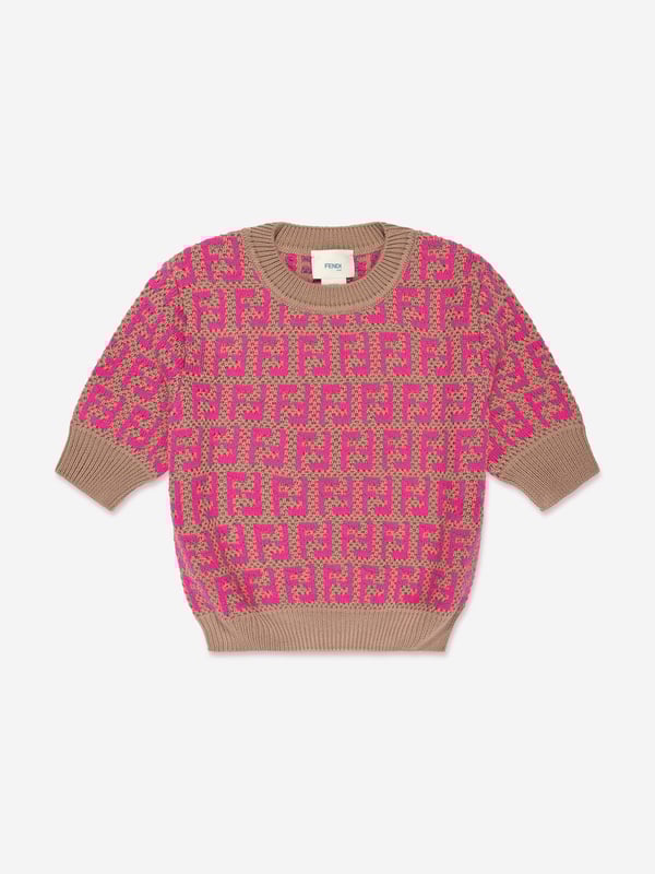 Fendi incorporate passion and energy into their meticulously crafted designs. Made in a beautiful wool and cotton combination, this girls knit top is depicted with the iconic FF monogram patterning all-over via ribbed trims and a straight hem. She will look and feel divine.  Made In Italy Cotton 50%  Wool 50%  Trim: 100% Cotton
