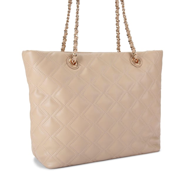 This Carvela Rosa Chain Tote Bag features a taupe leather alternative exterior with diamond quilting detail. There are two shoulder straps which have gold chain detail to match the branding on the front of the bag. Dimensions: 29cm (H), 34cm (L), 12cm (D). Strap length: 57cm.