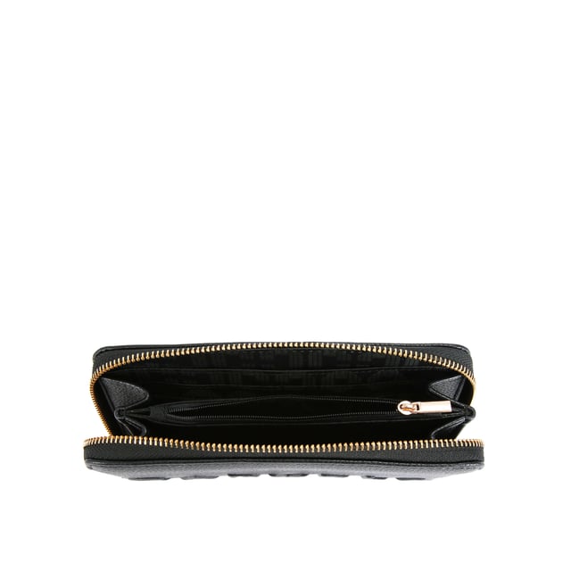 The Frame Purse features a textured black exterior with embossed Carvela logo. The zip closure opens to an interior with multiple card slots and zipped compartment. Dimensions: 10cm (H), 19cm (W), 2cm (D).
