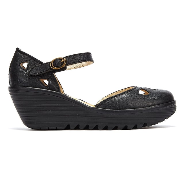 The Yuna from Fly London is a platform sandal with elevated heel. Features include premium materials, drop-shaped cut outs, and a round buckle fastening. Complete with signature Fly London branding.