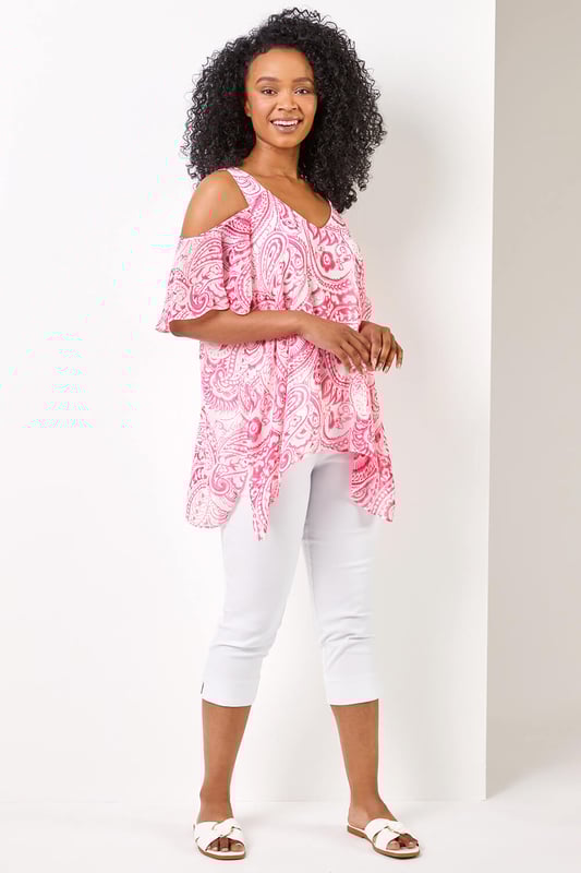 Petite Cold Shoulder Paisley Hanky Hem Top