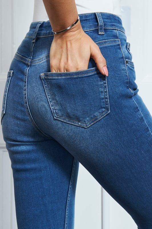 REASONS TO BUY:

The foundation of every great outfit
Made from our super-soft stretch denim
Classic mid-blue wash
Cool raw hem
Timeless skinny style
Style with nice tops knits blouses and tees

Inside leg to fit: Short 29" | Regular 31" | Long 33"