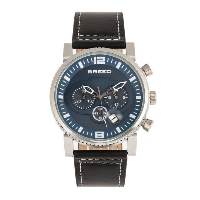 Polished Alloy Case; Precision Japanese Quartz Movement; Full-Function Chronograph; Non-Glare Scratch Resistant Mineral Crystal; Logo-Engraved Stainless Steel Caseback; Genuine Leather Strap; Logo-Engraved Stainless Steel Clasp; Magnified Date Display; 45mm Case Diameter; 5 ATM Water Resistance;