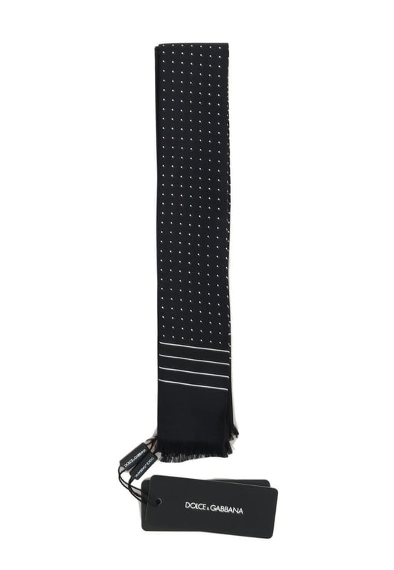 Brand: Dolce & Gabbana
  Material: 100% Silk
  Color: Dark blue with white polka dots
  Fringes
  Logo details
  Made in Italy
  Size: 140cm x 25cm