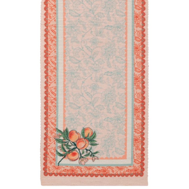 Transform your dining space with the Anemone Peaches Indoor/Outdoor Table Runner. This exquisite piece combines the intricate elegance of 17th-century Jacobean patterns with a fresh, vibrant flair, offering a unique twist to your decor. Its digitally printed design, featuring delicate floral motifs and juicy fruit illustrations, unfolds into a sophisticated statement, perfect for impressing your guests. Crafted for versatility, it's weatherproof and machine washable, seamlessly transitioning from indoor gatherings to alfresco dining. Lightweight and foldable, it’s effortlessly portable, making it an ideal choice for those who value both style and practicality in their home essentials. Size: 180 cm x 35 cm