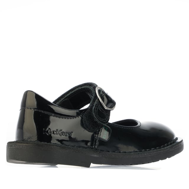 Infant Girls Kickers Adlar Heart Patent Shoe in black.- Leather upper.- Hook & loop strap fastening.- Branded tab and Kickers' debossed detailing at the heel.- Silver tone heart buckle.- Rubber sole.- Ref: 116240