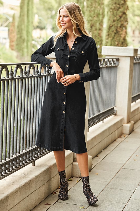 Black denim midi 2025 dress