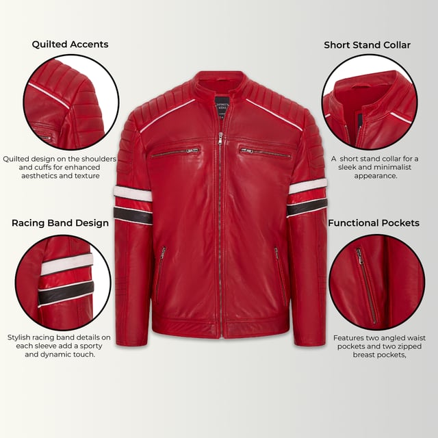 Esta chaqueta, que rinde homenaje a las leyendas de las carreras de la era de Le Mans de los años 50, presenta dos bandas de carreras en cada una de las mangas que son la característica definitoria de esta prenda. La chaqueta está confeccionada con piel de napa premium ultra suave con acolchado alrededor de los hombros que está separado de la parte superior del pecho por un borde ribeteado en blanco, lo que le da a esta pieza una estética claramente deportiva. El interior de la chaqueta está forrado con una tela de popelina a juego con compartimentos integrados para ayudar a los cuatro bolsillos delanteros con cremallera a proporcionar un almacenamiento seguro. Esta chaqueta aparece en una combinación de colores clásica en negro y un rojo intenso, que es una gran opción para un estilo más llamativo. • Piel de napa ultra suave 100 % premium. • Dos bolsillos en ángulo en la cintura y dos bolsillos en el pecho con cremallera • Bandas de carreras en cada manga • Acolchado en los hombros y en los puños • Cierre con cremallera YKK • Cuello alto corto