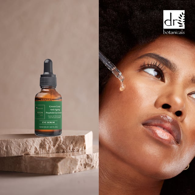 Dr Botanicals Green Caviar Anti-Ageing Peptide Eye Serum is a concentrated and lightweight formula that promotes antioxidant protection and increases hydration levels. Infused with Green Caviar and Matrikine Peptide 6, it deeply moisturizes, improves elasticity, and reduces the appearance of fine lines and wrinkles. Strengthen your skin's barrier function and achieve a healthy, glowing complexion with this revitalising serum.