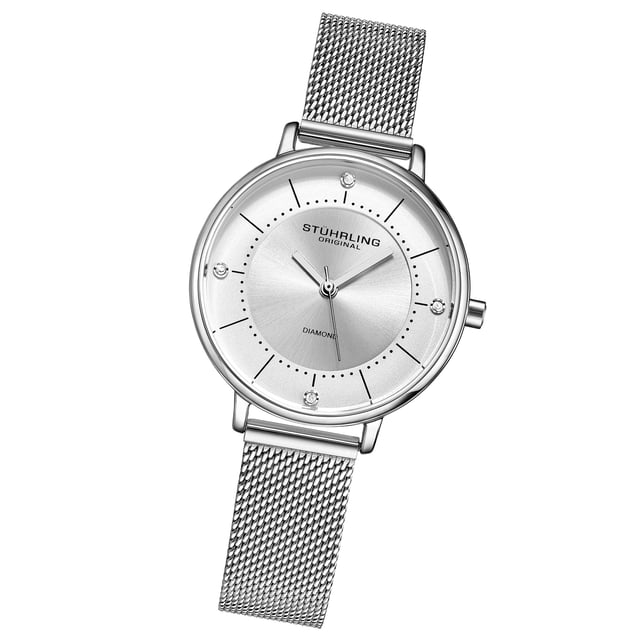 Damen Quarz, Silber Gehäuse, Silber Lünette, Silber Zifferblatt, Silber Zeiger, Schwarz und Kristall Markierungen, Silber Mesh Armbanduhr