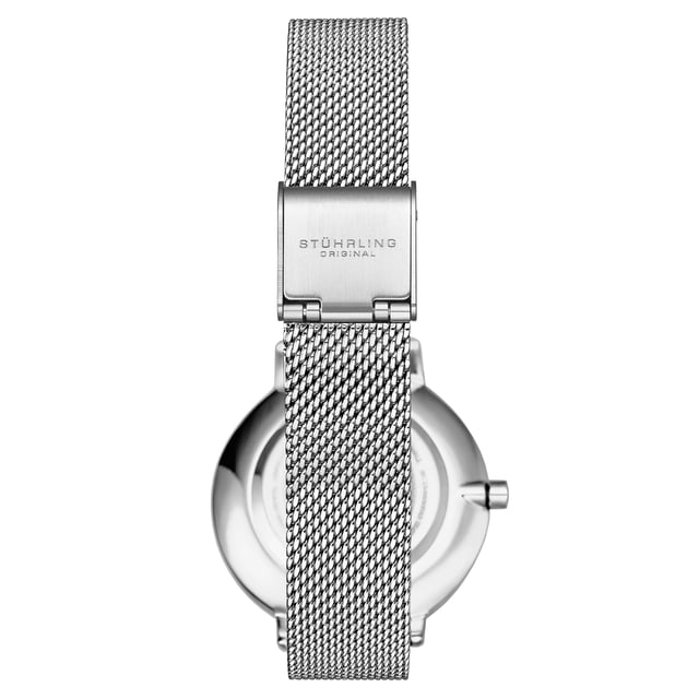 Damen Quarz, Silber Gehäuse, Silber Lünette, Silber Zifferblatt, Silber Zeiger, Schwarz und Kristall Markierungen, Silber Mesh Armbanduhr