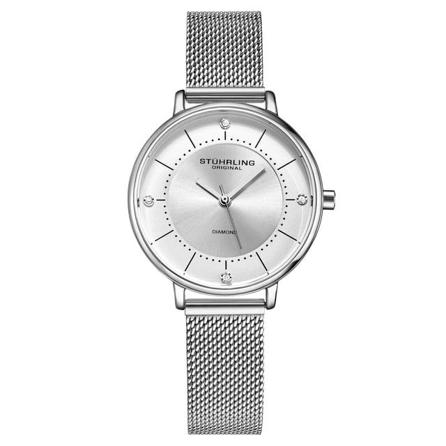 Damen Quarz, Silber Gehäuse, Silber Lünette, Silber Zifferblatt, Silber Zeiger, Schwarz und Kristall Markierungen, Silber Mesh Armbanduhr