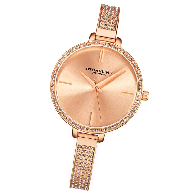 Damen Quarz, Rose/Gold getönten Gehäuse, Rose/Gold getönten Kristall beschlagenen Lünette, Rose/Gold getönten Zifferblatt, Rose/Gold getönten Zeiger und Markierungen, Rose/Gold Kristall beschlagenen Armbanduhr