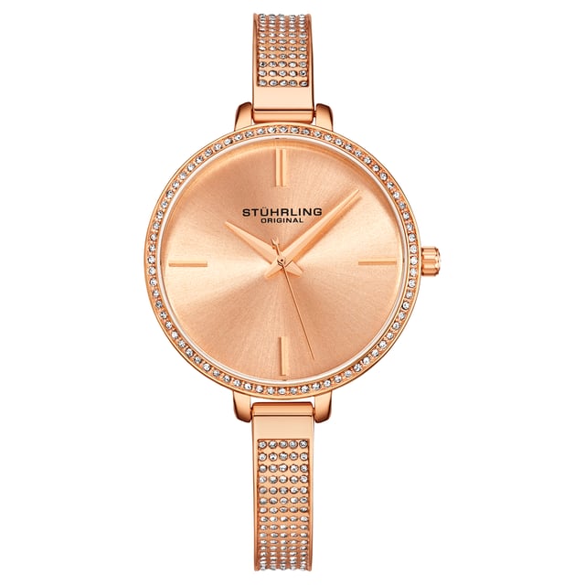 Damen Quarz, Rose/Gold getönten Gehäuse, Rose/Gold getönten Kristall beschlagenen Lünette, Rose/Gold getönten Zifferblatt, Rose/Gold getönten Zeiger und Markierungen, Rose/Gold Kristall beschlagenen Armbanduhr