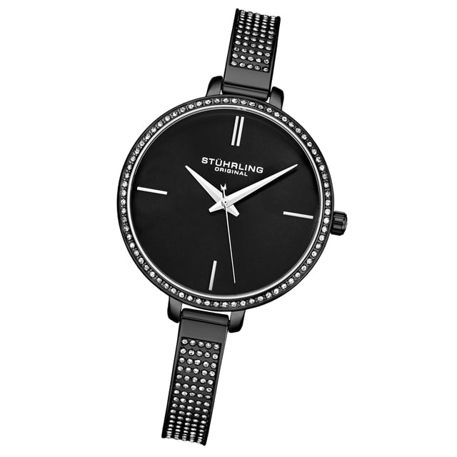 Damen Quarz, schwarz getönten Gehäuse, schwarzem Kristall beschlagenen Lünette, schwarzes Zifferblatt, silberne Zeiger und Markierungen, schwarzem Kristall beschlagenen Armband Uhr
