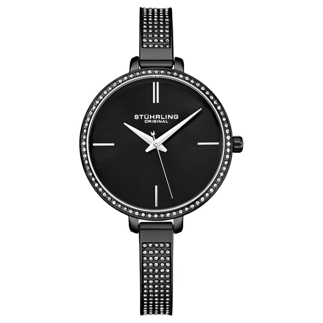 Damen Quarz, schwarz getönten Gehäuse, schwarzem Kristall beschlagenen Lünette, schwarzes Zifferblatt, silberne Zeiger und Markierungen, schwarzem Kristall beschlagenen Armband Uhr