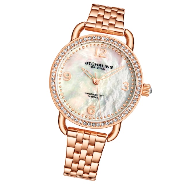 Damen Quarz Rose / Gold getönten Gehäuse, Rose / Gold getönten Kristall beschlagene Lünette, MOP Silber Zifferblatt, Rose / Gold getönten Zeiger und Markierungen, TT Rose / Gold getönten Link Armbanduhr