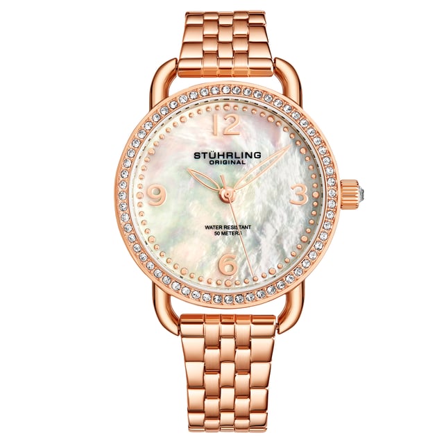Damen Quarz Rose / Gold getönten Gehäuse, Rose / Gold getönten Kristall beschlagene Lünette, MOP Silber Zifferblatt, Rose / Gold getönten Zeiger und Markierungen, TT Rose / Gold getönten Link Armbanduhr