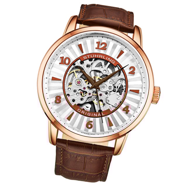 Herren-Automatikuhr mit roségoldfarbenem Gehäuse, roségoldfarbener Lünette, silbernem Zifferblatt, braunen Zeigern, braunen Markierungen und braunem Alligatorlederarmband mit Prägung