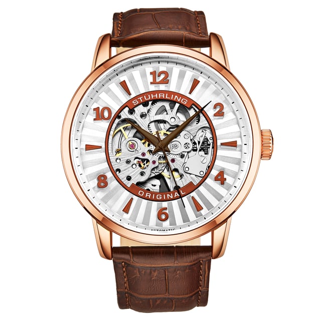 Herren-Automatikuhr mit roségoldfarbenem Gehäuse, roségoldfarbener Lünette, silbernem Zifferblatt, braunen Zeigern, braunen Markierungen und braunem Alligatorlederarmband mit Prägung