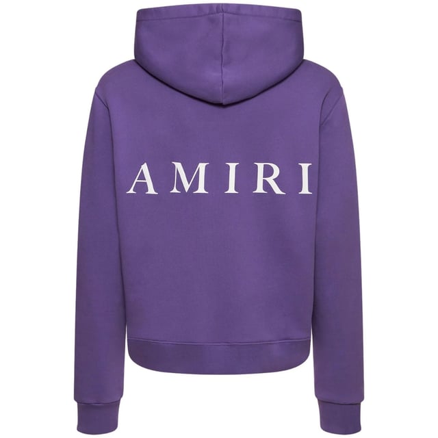 Sudadera con capucha Amiri morada, corte tipo caja, oversize, top corto 100% algodon, terminaciones en cintura y mangas acanaladas, sudadera con capucha PS23MJL019-510