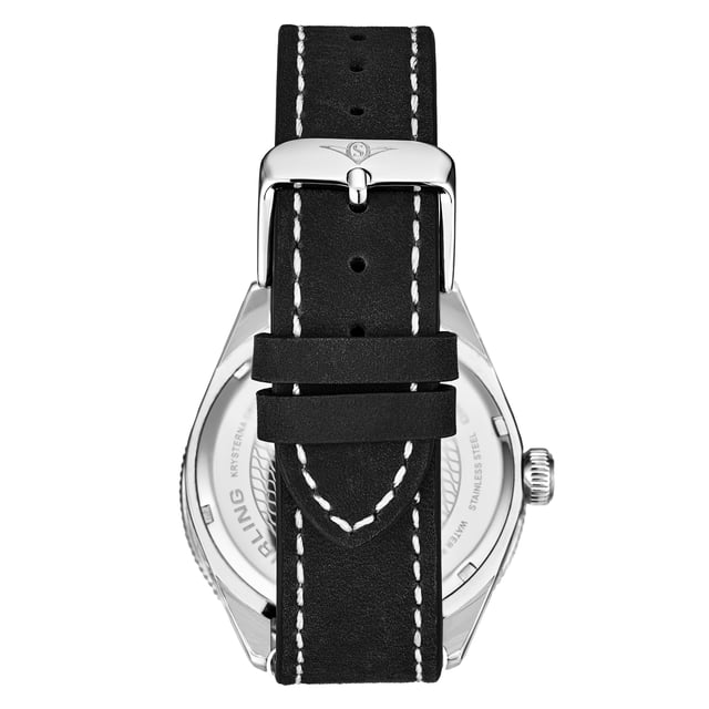 Herrenuhr mit silbernem Quarzgehäuse, silberner Lünette, grauem Zifferblatt, silbernen Leuchtzeigern und -markierungen, schwarzem Lederarmband mit weißen Kontrastnähten