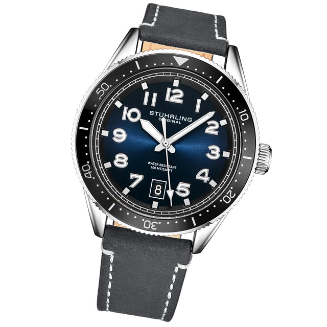 Men's Quartz Silver Case Watch, Black Bezel, Blue Dial, Luminous Silver Hands and Markers, Gray Leather Strap with White Contrast Stitching