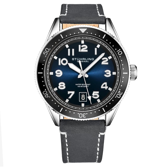 Men's Quartz Silver Case Watch, Black Bezel, Blue Dial, Luminous Silver Hands and Markers, Gray Leather Strap with White Contrast Stitching
