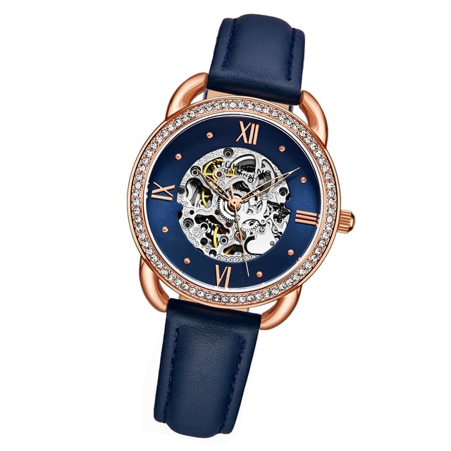 Damen Automatikuhr mit rosé/goldenem Gehäuse, rosé/goldener Lünette mit Kristallbesatz, blauem Zifferblatt, rosé/goldenen Zeigern und Markierungen, blauem Echtlederarmband